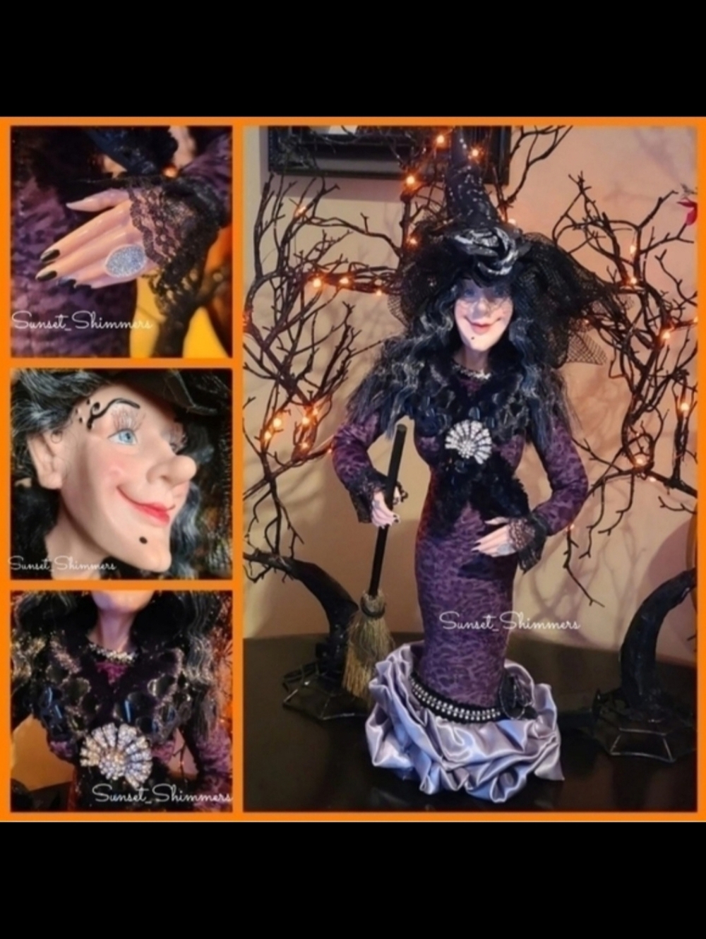 2ft Halloween Glam Witch Doll Figurine Leopard Print Dress Faux Fur Rhinestones